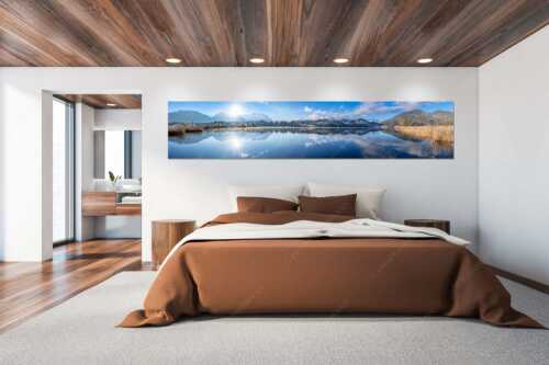 Panorama-Spiegelung am Barmsee mit Blick zum Karwendel- und Wettersteingebirge - Doppelpanorama - Größe ca. 300x60cm, Seitenverhältnis 5:1 - Barmsee mit Karwendel und Wetterstein - weitere Infos unter https://www.kriner-weiermann.de