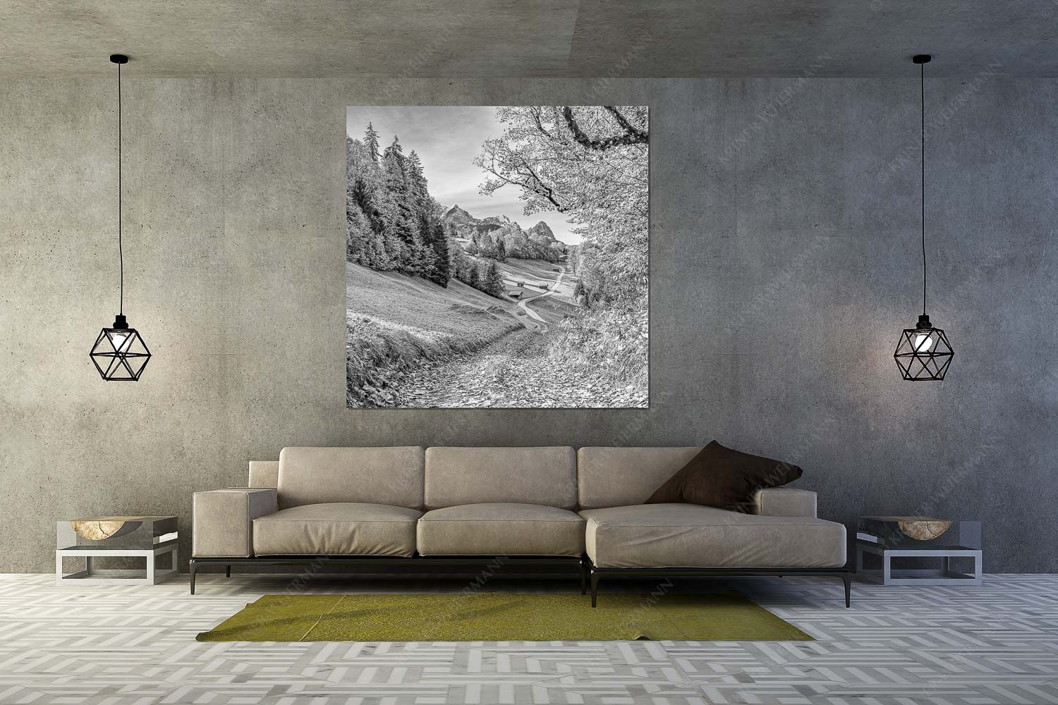 Blick über Wamberg zum Zugspitzmassiv - Drei schauen raus - Größe ca. 160x160cm, Seitenverhältnis 1:1 - Wamberg mit Alpspitze Zugspitze und Waxenstein - weitere Infos unter https://www.kriner-weiermann.de