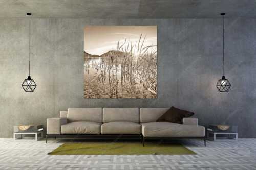 Blick in den Sonnenaufgang am Walchensee mit Jochberg - Durchs Schilf - Größe ca. 160x160cm, Seitenverhältnis 1:1 - Walchensee mit Jochberg - weitere Infos unter https://www.kriner-weiermann.de