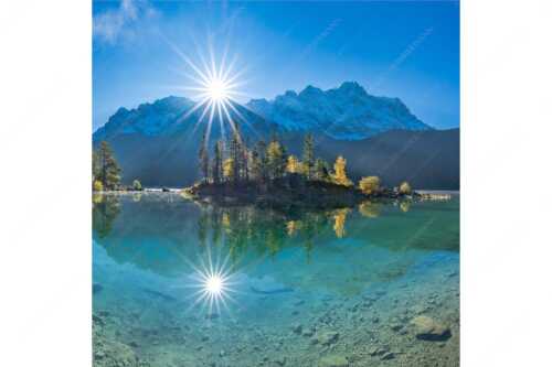 Blick über Eibsee zur Zugspitze im Wettersteingebirge - Eibseesterne - Seitenverhältnis 1:1 - Sonnenaufgang am Eibsee - weitere Infos unter https://www.kriner-weiermann.de