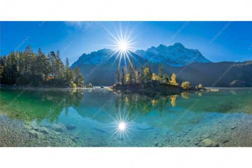 Blick über Eibsee zur Zugspitze im Wettersteingebirge - Eibseesterne - Seitenverhältnis 2:1 - Sonnenaufgang am Eibsee - weitere Infos unter https://www.kriner-weiermann.de