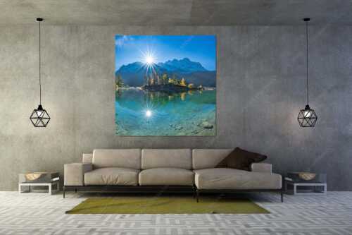 Blick über Eibsee zur Zugspitze im Wettersteingebirge - Eibseesterne - Größe ca. 160x160cm, Seitenverhältnis 1:1 - Sonnenaufgang am Eibsee - weitere Infos unter https://www.kriner-weiermann.de