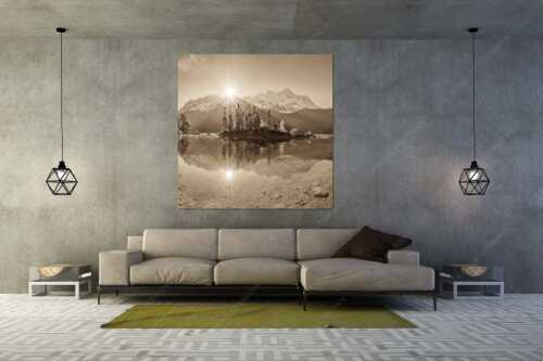 Blick über Eibsee zur Zugspitze im Wettersteingebirge - Eibseesterne - Größe ca. 160x160cm, Seitenverhältnis 1:1 - Sonnenaufgang am Eibsee - weitere Infos unter https://www.kriner-weiermann.de