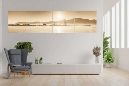 Blick über Eichsee in den Sonnenaufgang - Eichsee Sonnenaufgang - 4er Split, Größe ca. 280x70cm, Seitenverhältnis 4:1 - Nebelstimmung - weitere Infos unter https://www.kriner-weiermann.de
