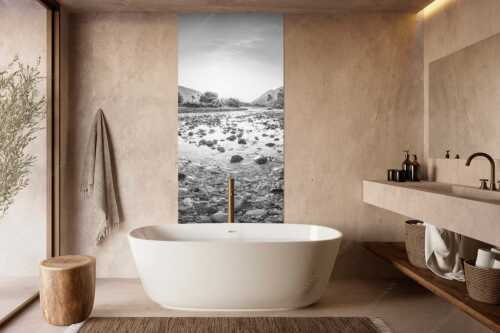 Blick über die Isar in den Sonnenaufgang - Ein Isarmorgen - Größe ca. 100x200cm, Seitenverhältnis 1:2 - Steine an der Isar - weitere Infos unter https://www.kriner-weiermann.de