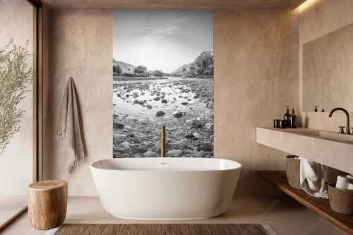 Blick über die Isar in den Sonnenaufgang - Ein Isarmorgen - Größe ca. 160x240cm, Seitenverhältnis 2:3 - Steine an der Isar - weitere Infos unter https://www.kriner-weiermann.de