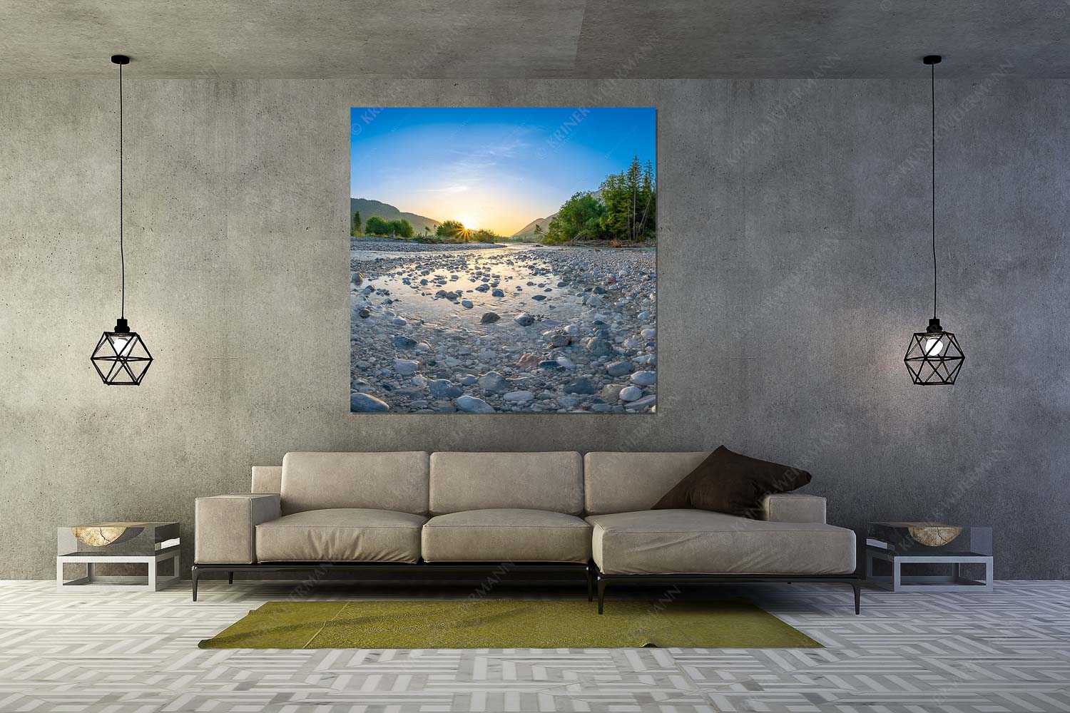 Blick über die Isar in den Sonnenaufgang - Ein Isarmorgen - Größe ca. 160x160cm, Seitenverhältnis 1:1 - Steine an der Isar - weitere Infos unter https://www.kriner-weiermann.de