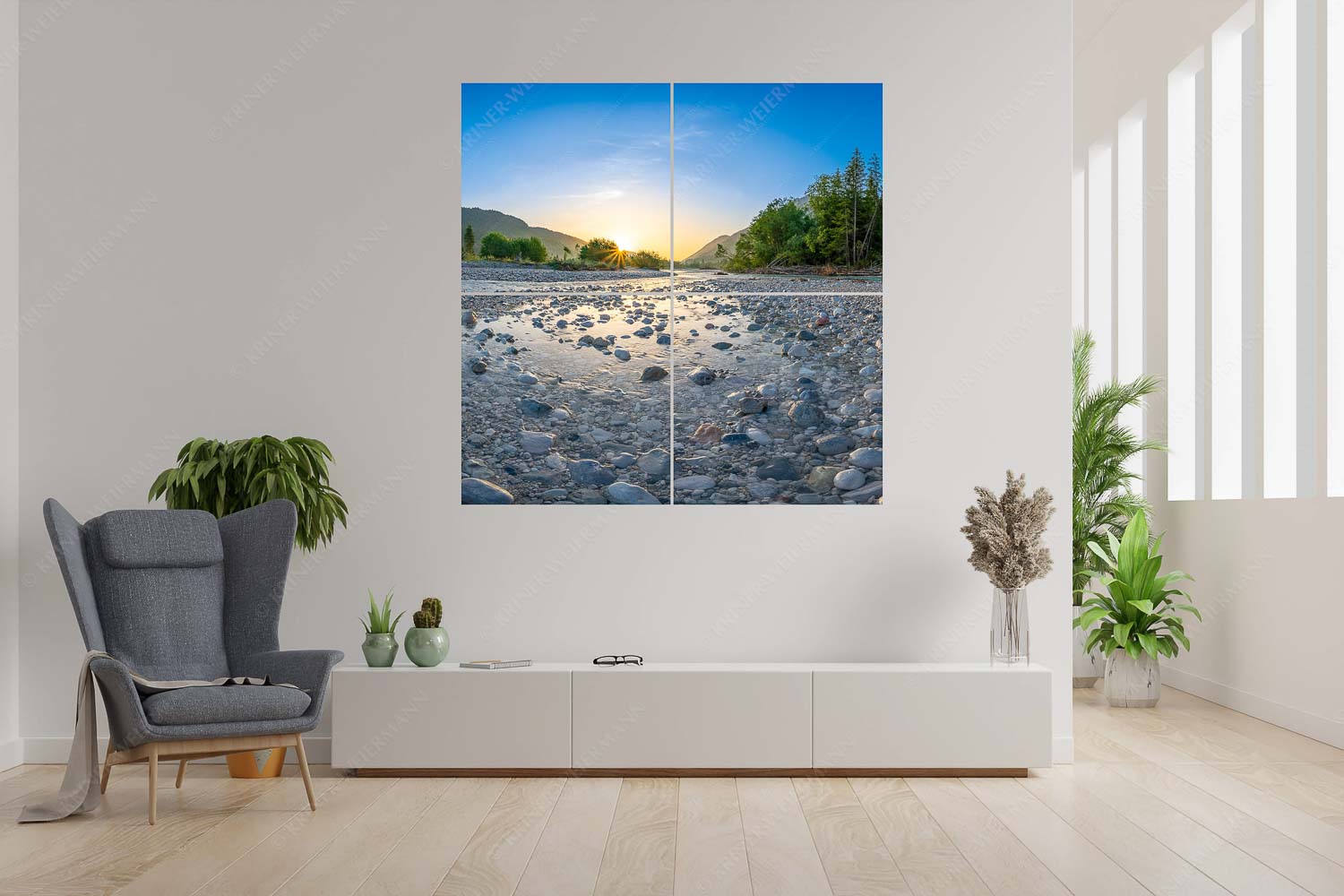 Ein Isarmorgen – 4er Split, Größe ca. 180x180cm, Seitenverhältnis 1:1 — Steine an der Isar Blick über die Isar in den Sonnenaufgang - Ein Isarmorgen - 4er Split, Größe ca. 180x180cm, Seitenverhältnis 1:1 - Steine an der Isar - weitere Infos unter https://www.kriner-weiermann.de