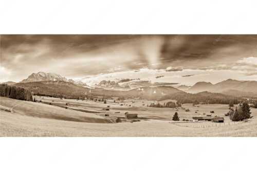 Blick in den Sonnenuntergang zwischen Wetterstein und Estergebirge - Ein kurzer Schauer - Seitenverhältnis 2,5:1 - Wetterstein und Estergebirge - weitere Infos unter https://www.kriner-weiermann.de