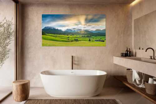 Blick in den Sonnenuntergang zwischen Wetterstein und Estergebirge - Ein kurzer Schauer - Größe ca. 180x90cm, Seitenverhältnis 2:1 - Wetterstein und Estergebirge - weitere Infos unter https://www.kriner-weiermann.de