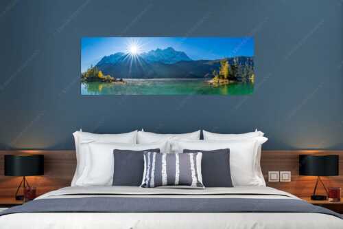 Blick über Eibsee zur Zugspitze - Einsame Bucht - Größe ca. 180x60cm, Seitenverhältnis 3:1 - Sonnenaufgang am Eibsee mit Zugspitze - weitere Infos unter https://www.kriner-weiermann.de