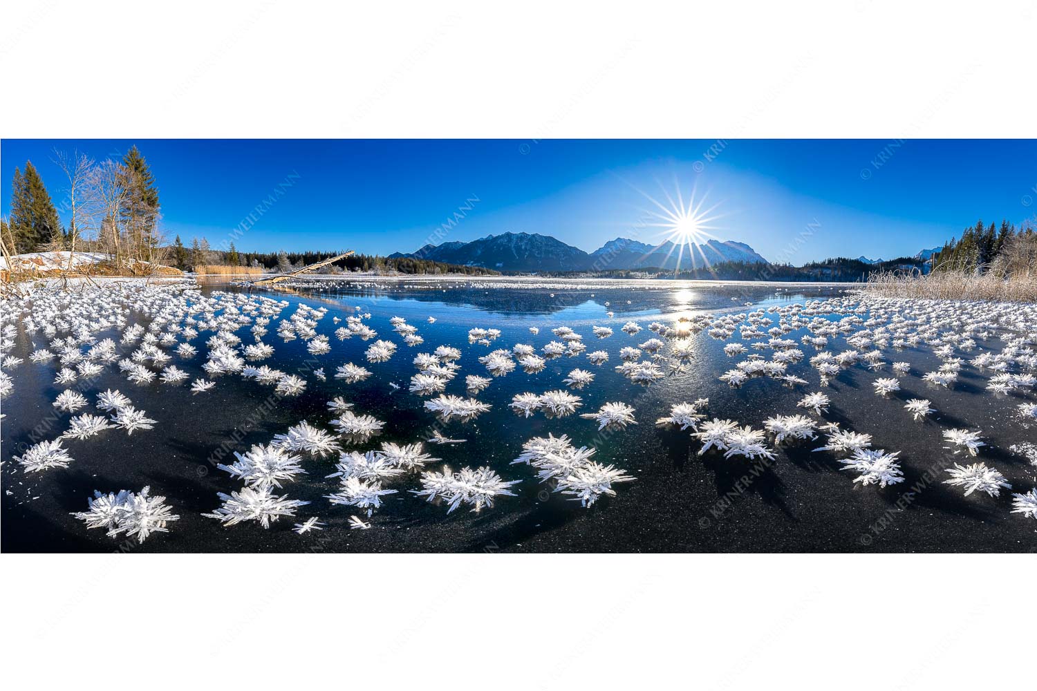Eisrosenblüte – Seitenverhältnis 2,5:1 — Eiskristalle am Barmsee Große Eiskristalle auf dem zugefrorenen Barmsee mit Karwendelgebirge
