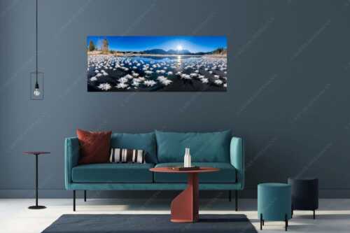 Große Eiskristalle auf dem zugefrorenen Barmsee mit Karwendelgebirge - Eisrosenblüte - Größe ca. 175x70cm, Seitenverhältnis 2,5:1 - Eiskristalle am Barmsee - weitere Infos unter https://www.kriner-weiermann.de