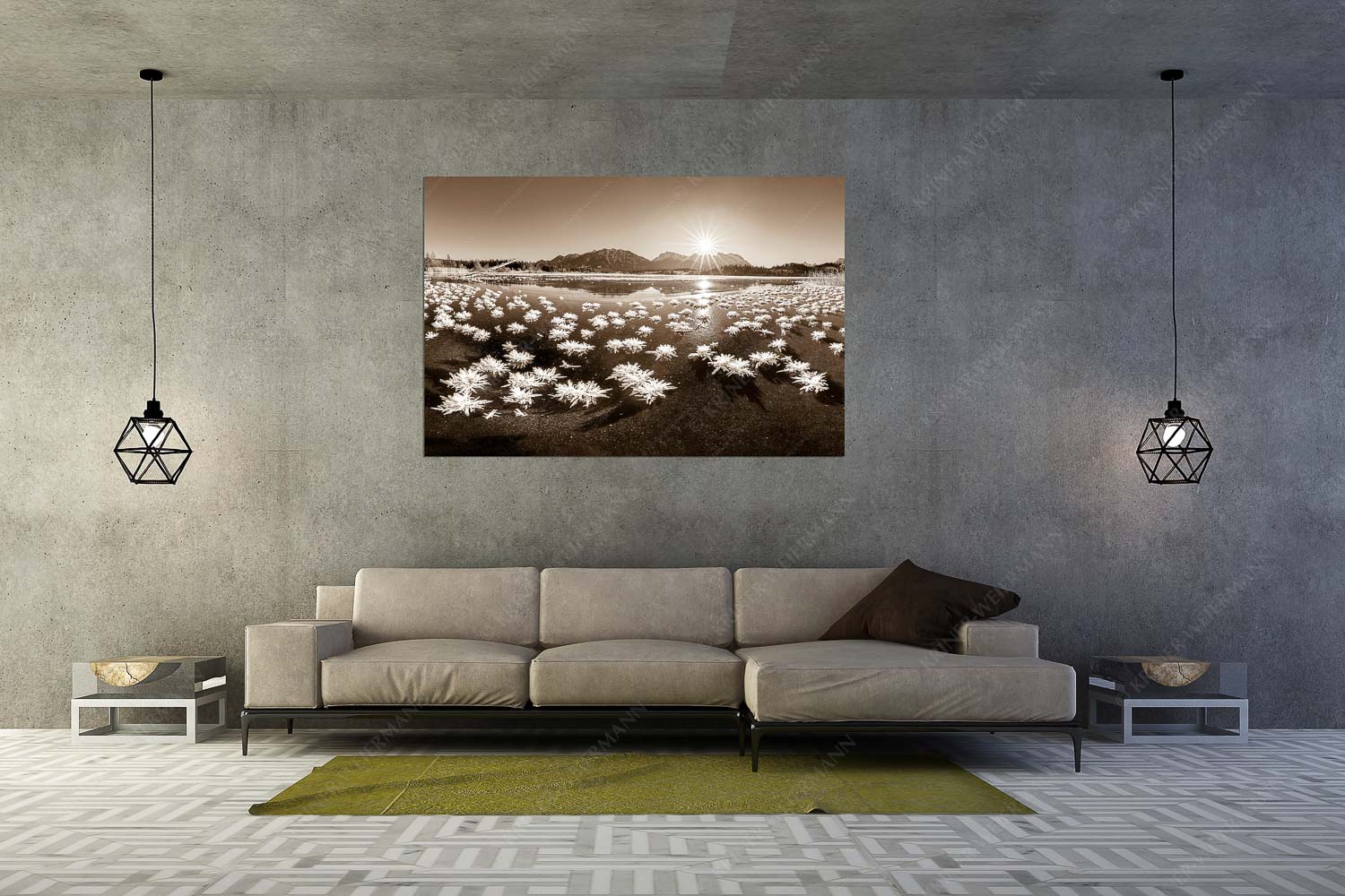 Eisrosenblüte – Größe ca. 180x120cm, Seitenverhältnis 3:2 — Eiskristalle am Barmsee Große Eiskristalle auf dem zugefrorenen Barmsee mit Karwendelgebirge - Eisrosenblüte - Größe ca. 180x120cm, Seitenverhältnis 3:2 - Eiskristalle am Barmsee - weitere Infos unter https://www.kriner-weiermann.de