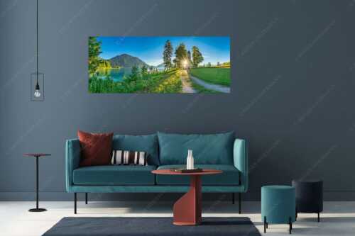 Sonnenaufgang an der Kirche St. Margareth auf Zwergern am Walchensee - Erleuchtet - Größe ca. 175x70cm, Seitenverhältnis 2,5:1 - Kirche Sankt Margareth am Walchensee - weitere Infos unter https://www.kriner-weiermann.de