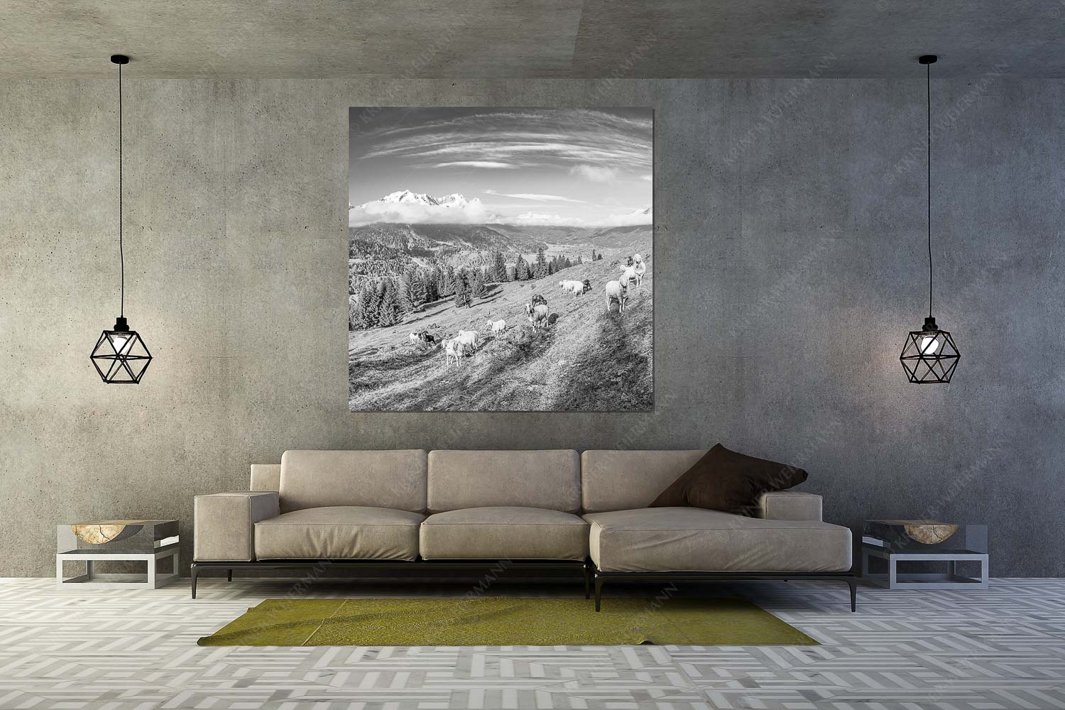 Erste Weide – Größe ca. 160x160cm, Seitenverhältnis 1:1 — Schafe bei Garmisch-Partenkirchen Bergschafe auf der ersten Weide im Frühling bei Garmisch-Partenkirchen mit Blick zum Zugspitzmassiv - Erste Weide - Größe ca. 160x160cm, Seitenverhältnis 1:1 - Schafe bei Garmisch-Partenkirchen - weitere Infos unter https://www.kriner-weiermann.de