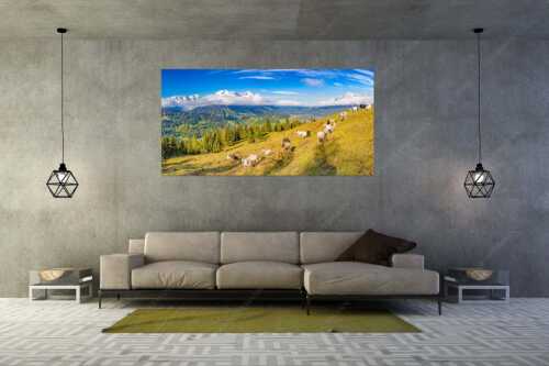 Bergschafe auf der ersten Weide im Frühling bei Garmisch-Partenkirchen mit Blick zum Zugspitzmassiv - Erste Weide - Größe ca. 200x100cm, Seitenverhältnis 2:1 - Schafe bei Garmisch-Partenkirchen - weitere Infos unter https://www.kriner-weiermann.de
