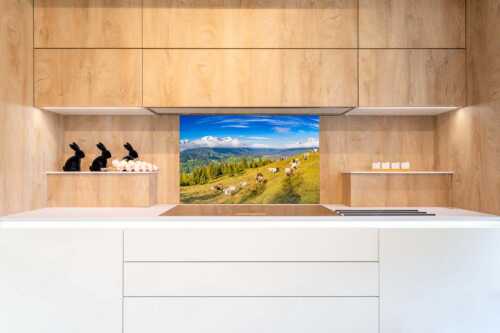 Bergschafe auf der ersten Weide im Frühling bei Garmisch-Partenkirchen mit Blick zum Zugspitzmassiv - Erste Weide - Größe ca. 90x60cm, Seitenverhältnis 3:2 - Schafe bei Garmisch-Partenkirchen - weitere Infos unter https://www.kriner-weiermann.de