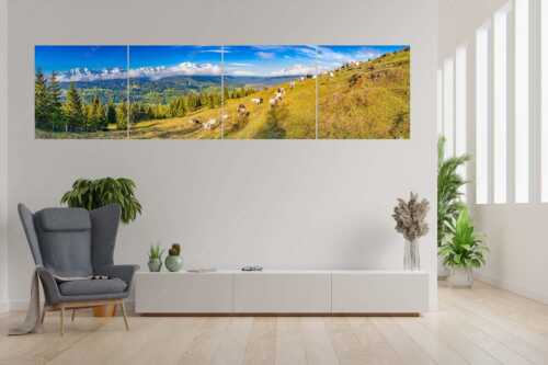 Bergschafe auf der ersten Weide im Frühling bei Garmisch-Partenkirchen mit Blick zum Zugspitzmassiv - Erste Weide - 4er Split, Größe ca. 280x70cm, Seitenverhältnis 4:1 - Schafe bei Garmisch-Partenkirchen - weitere Infos unter https://www.kriner-weiermann.de