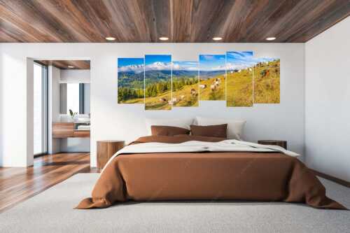 Bergschafe auf der ersten Weide im Frühling bei Garmisch-Partenkirchen mit Blick zum Zugspitzmassiv - Erste Weide - 6er Split, Größe ca. 280x112cm, Seitenverhältnis 2,5:1 - Schafe bei Garmisch-Partenkirchen - weitere Infos unter https://www.kriner-weiermann.de