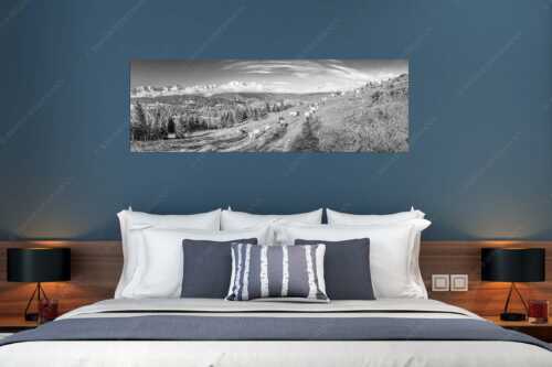 Bergschafe auf der ersten Weide im Frühling bei Garmisch-Partenkirchen mit Blick zum Zugspitzmassiv - Erste Weide - Größe ca. 180x60cm, Seitenverhältnis 3:1 - Schafe bei Garmisch-Partenkirchen - weitere Infos unter https://www.kriner-weiermann.de