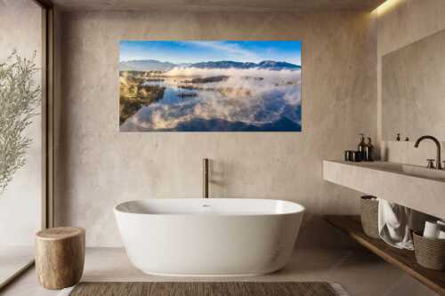 Blick über die Nebel am Staffelsee - Es lichtet sich - Größe ca. 180x90cm, Seitenverhältnis 2:1 - Staffelsee Nebel Murnau Seehausen - weitere Infos unter https://www.kriner-weiermann.de