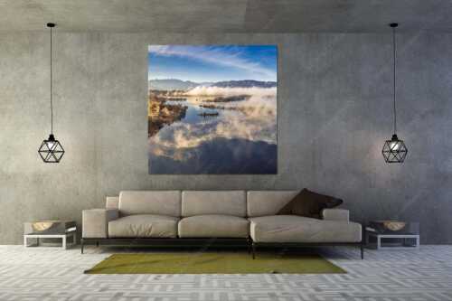 Blick über die Nebel am Staffelsee - Es lichtet sich - Größe ca. 160x160cm, Seitenverhältnis 1:1 - Staffelsee Nebel Murnau Seehausen - weitere Infos unter https://www.kriner-weiermann.de