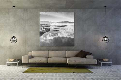 Blick über die Nebel am Staffelsee - Es lichtet sich - Größe ca. 160x160cm, Seitenverhältnis 1:1 - Staffelsee Nebel Murnau Seehausen - weitere Infos unter https://www.kriner-weiermann.de