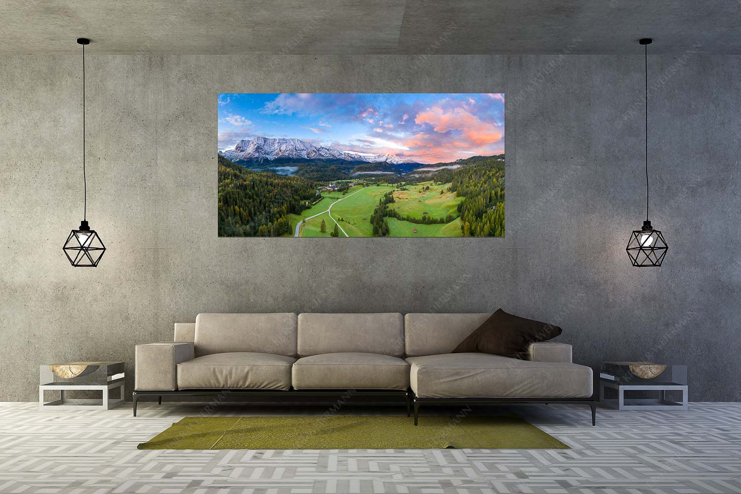 Etwas angezuckert – Größe ca. 200x100cm, Seitenverhältnis 2:1 — Elmau mit Wetterstein und Alpspitze Blick über Elmauertal ins Wettersteingebirge und Zugspitzmassiv - Etwas angezuckert - Größe ca. 200x100cm, Seitenverhältnis 2:1 - Elmau mit Wetterstein und Alpspitze - weitere Infos unter https://www.kriner-weiermann.de