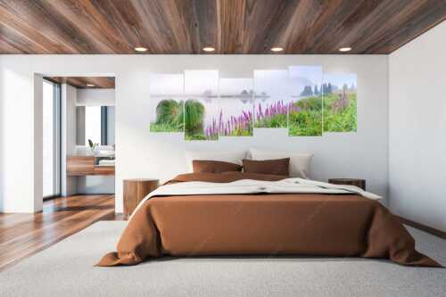 Sommermorgen am Schmalensee - Farbe im Grau - 6er Split, Größe ca. 280x112cm, Seitenverhältnis 2,5:1 - Blutweiderich im Nebel am Schmalensee - weitere Infos unter https://www.kriner-weiermann.de