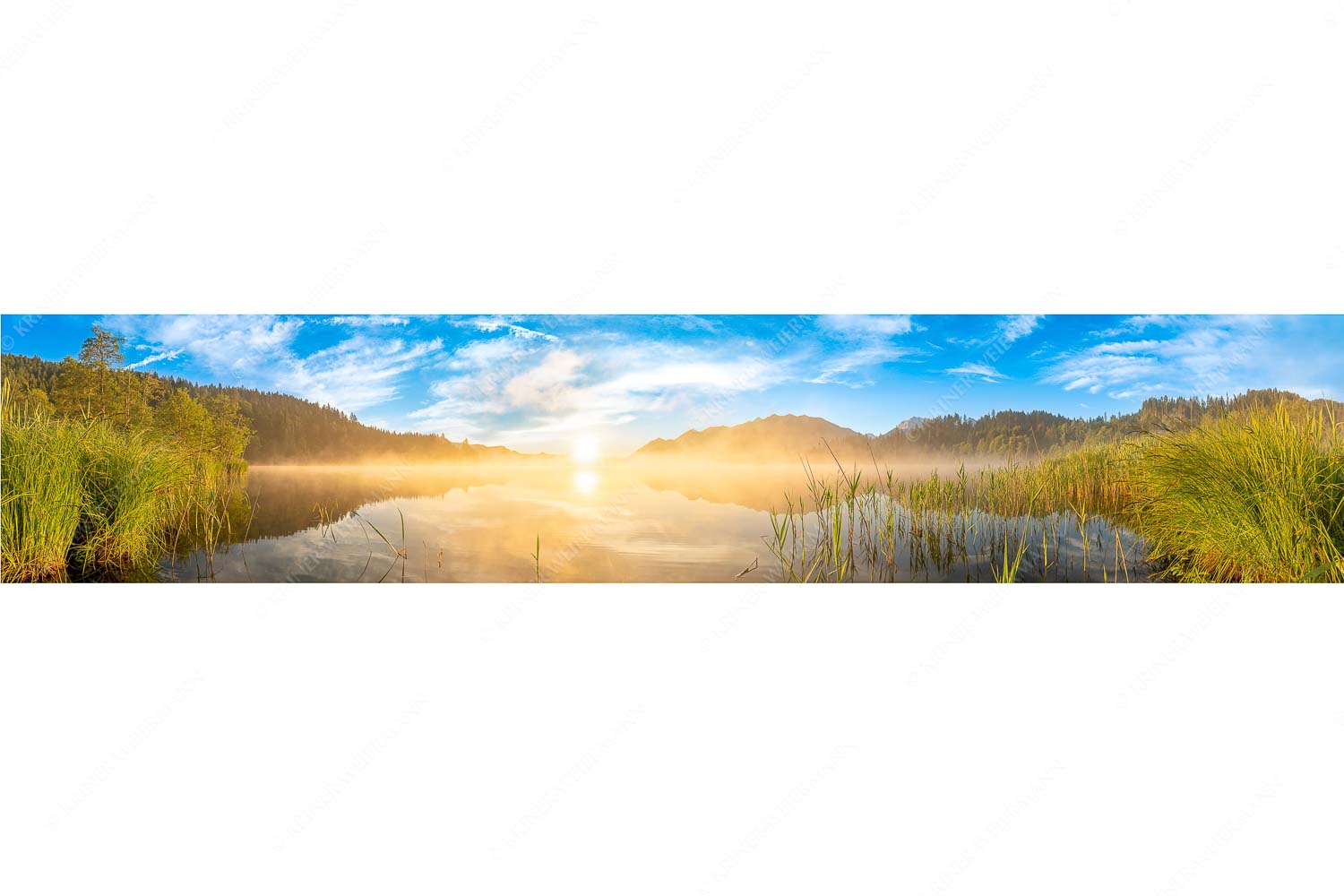 Feinster Morgen – Seitenverhältnis 5:1 — Sonnenaufgang am Barmsee Aufgehende Sonne über dem Barmsee mit Soierngebirge