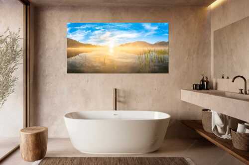 Aufgehende Sonne über dem Barmsee mit Soierngebirge - Feinster Morgen - Größe ca. 180x90cm, Seitenverhältnis 2:1 - Sonnenaufgang am Barmsee - weitere Infos unter https://www.kriner-weiermann.de