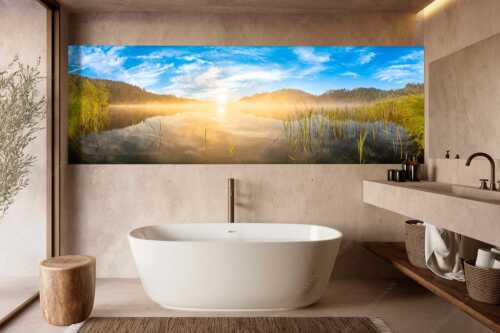 Aufgehende Sonne über dem Barmsee mit Soierngebirge - Feinster Morgen - Größe ca. 300x100cm, Seitenverhältnis 3:1 - Sonnenaufgang am Barmsee - weitere Infos unter https://www.kriner-weiermann.de