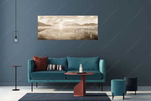 Aufgehende Sonne über dem Barmsee mit Soierngebirge - Feinster Morgen - Größe ca. 175x70cm, Seitenverhältnis 2,5:1 - Sonnenaufgang am Barmsee - weitere Infos unter https://www.kriner-weiermann.de