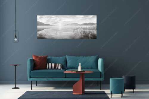 Aufgehende Sonne über dem Barmsee mit Soierngebirge - Feinster Morgen - Größe ca. 175x70cm, Seitenverhältnis 2,5:1 - Sonnenaufgang am Barmsee - weitere Infos unter https://www.kriner-weiermann.de