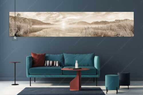 Aufgehende Sonne über dem Barmsee mit Soierngebirge - Feinster Morgen - Größe ca. 350x70cm, Seitenverhältnis 5:1 - Sonnenaufgang am Barmsee - weitere Infos unter https://www.kriner-weiermann.de