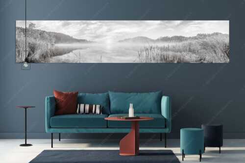 Aufgehende Sonne über dem Barmsee mit Soierngebirge - Feinster Morgen - Größe ca. 350x70cm, Seitenverhältnis 5:1 - Sonnenaufgang am Barmsee - weitere Infos unter https://www.kriner-weiermann.de