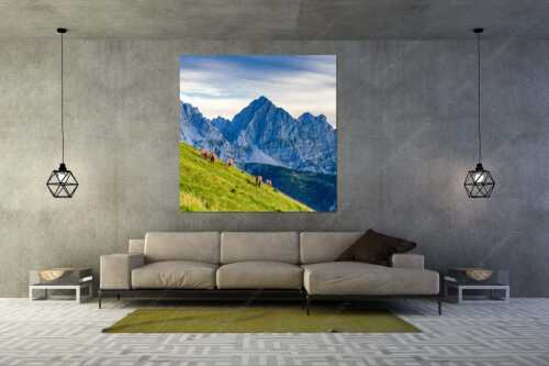 Haflinger auf der Sommerweide im Soierngebirge - Feldern - Größe ca. 160x160cm, Seitenverhältnis 1:1 - Pferde im Karwendel mit Tiefkarspitze - weitere Infos unter https://www.kriner-weiermann.de