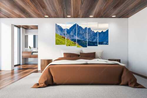 Haflinger auf der Sommerweide im Soierngebirge - Feldern - 5er Split, Größe ca. 200x100cm, Seitenverhältnis 2: - Pferde im Karwendel mit Tiefkarspitze - weitere Infos unter https://www.kriner-weiermann.de