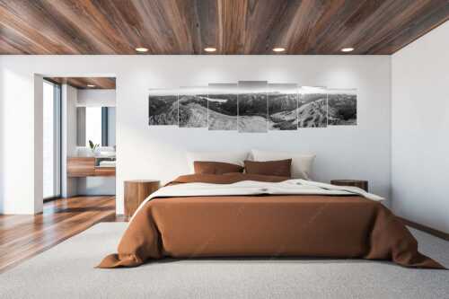 Blick über Feldern, Kramer und Zugspitze in den Sonnenuntergang - Feldernkopf - 7er Split, Größe ca. 300x75cm, Seitenverhältnis 4:1 - Ammergauer Alpen Sonnenuntergang - weitere Infos unter https://www.kriner-weiermann.de