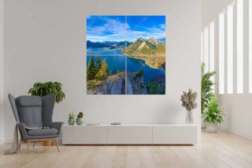 Blick über Walchensee zum Herzogstand - Fiordlands - 4er Split, Größe ca. 180x180cm, Seitenverhältnis 1:1 - Walchensee Fahrenberg und Herzogstand - weitere Infos unter https://www.kriner-weiermann.de