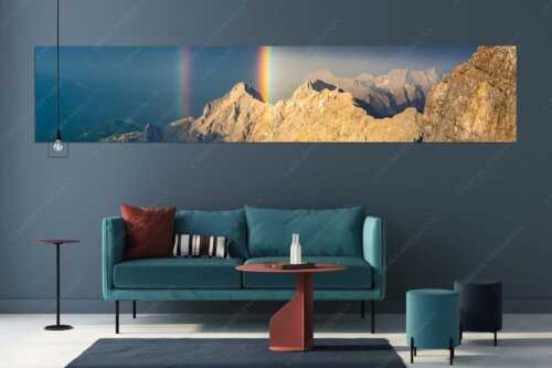 Doppelregenbogen an der Alpspitze im Wetterstein - Fontäne - Größe ca. 350x70cm, Seitenverhältnis 5:1 - Regenbogen an der Alpspitze - weitere Infos unter https://www.kriner-weiermann.de