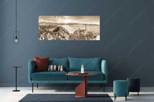 Blick vom Signalkopf über Wolkenmeer zum Sonnenuntergang im Wetterstein - Fortuna - Größe ca. 175x70cm, Seitenverhältnis 2,5:1 - Bergsteiger am Signalkopf im Soierngebirge - weitere Infos unter https://www.kriner-weiermann.de