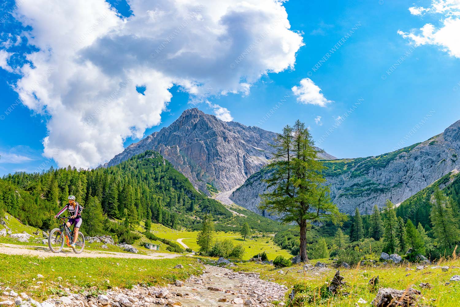 Freudige Abfahrt – Seitenverhältnis 3:2 — Mountainbike Halleranger im Karwendel MTB Fahrerin im Halleranger mit Speckkarspitze im Karwendelgebirge
