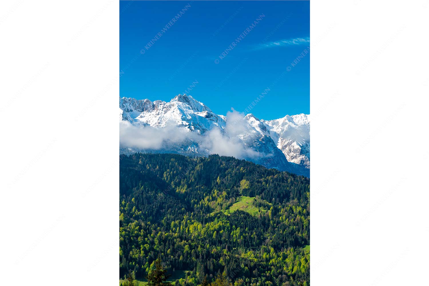 Frühling und Winter – Seitenverhältnis 2:3 — Dreitorspitzen im Wetterstein Erstes Grün im Tal und frischer Schnee auf den Bergen im Wettersteingebirge
