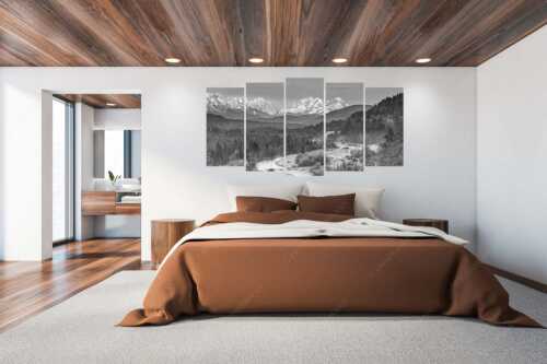 Morgenstimmung im Oberen Isartal mit Blick auf das Zugspitzmassiv - Frühlingsgefühle - 5er Split, Größe ca. 200x100cm, Seitenverhältnis 2:1 - Isar mit Wettersteingebirge - weitere Infos unter https://www.kriner-weiermann.de