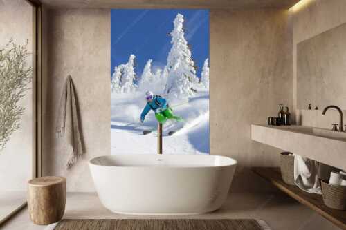 Pulverschnee zwischen angeraumten Bäumen - Fun - Größe ca. 160x240cm, Seitenverhältnis 2:3 - Freeride Skifahren - weitere Infos unter https://www.kriner-weiermann.de