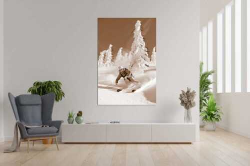 Pulverschnee zwischen angeraumten Bäumen - Fun - Größe ca. 120x180cm, Seitenverhältnis 2:3 - Freeride Skifahren - weitere Infos unter https://www.kriner-weiermann.de