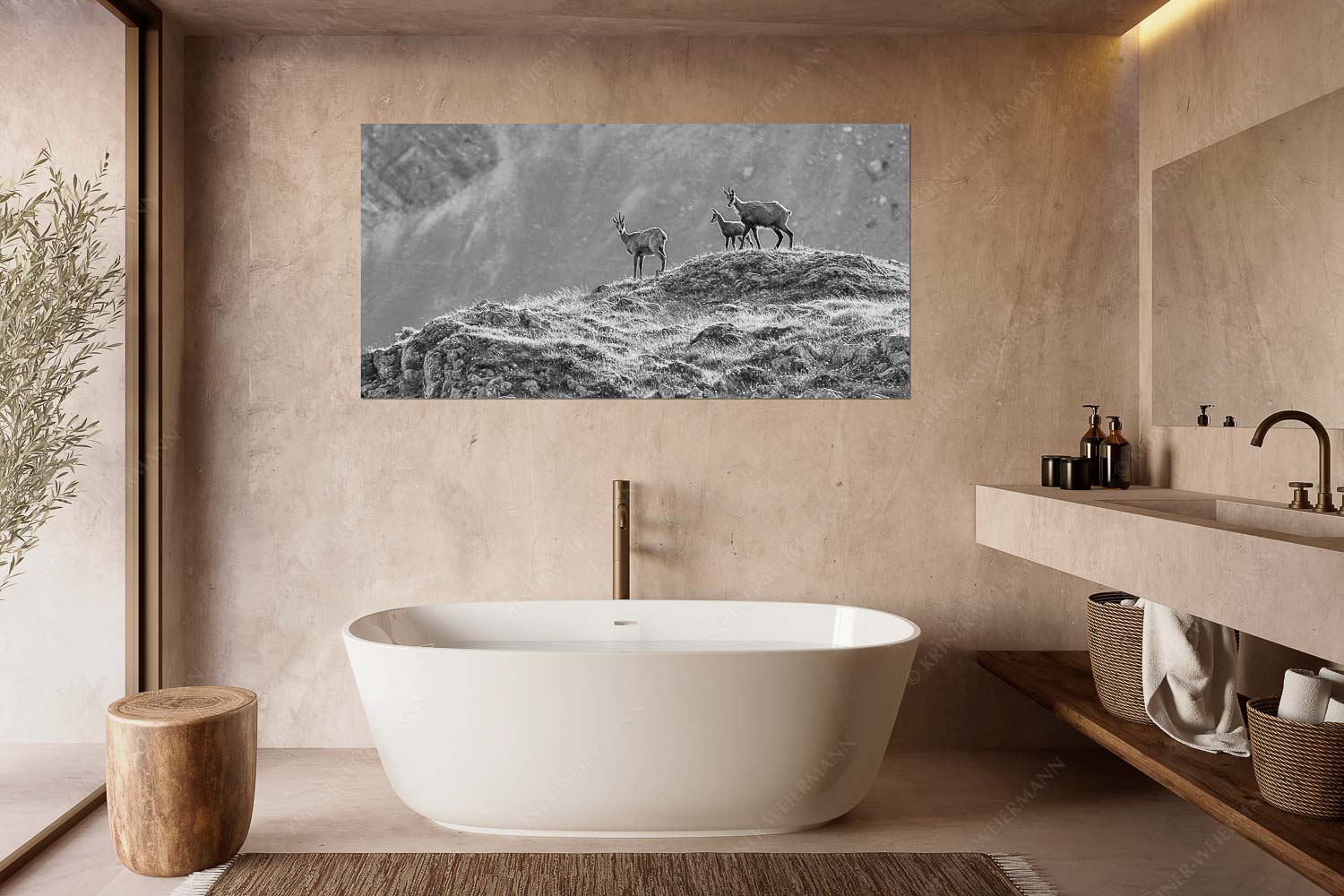 Gamslan – Größe ca. 180x90cm, Seitenverhältnis 2:1 — Gämsen im Karwendel Gämsen mit Kitz im Karwendelgebirge - Gamslan - Größe ca. 180x90cm, Seitenverhältnis 2:1 - Gämsen im Karwendel - weitere Infos unter https://www.kriner-weiermann.de