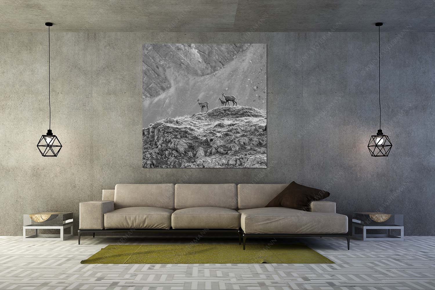 Gamslan – Größe ca. 160x160cm, Seitenverhältnis 1:1 — Gämsen im Karwendel Gämsen mit Kitz im Karwendelgebirge - Gamslan - Größe ca. 160x160cm, Seitenverhältnis 1:1 - Gämsen im Karwendel - weitere Infos unter https://www.kriner-weiermann.de